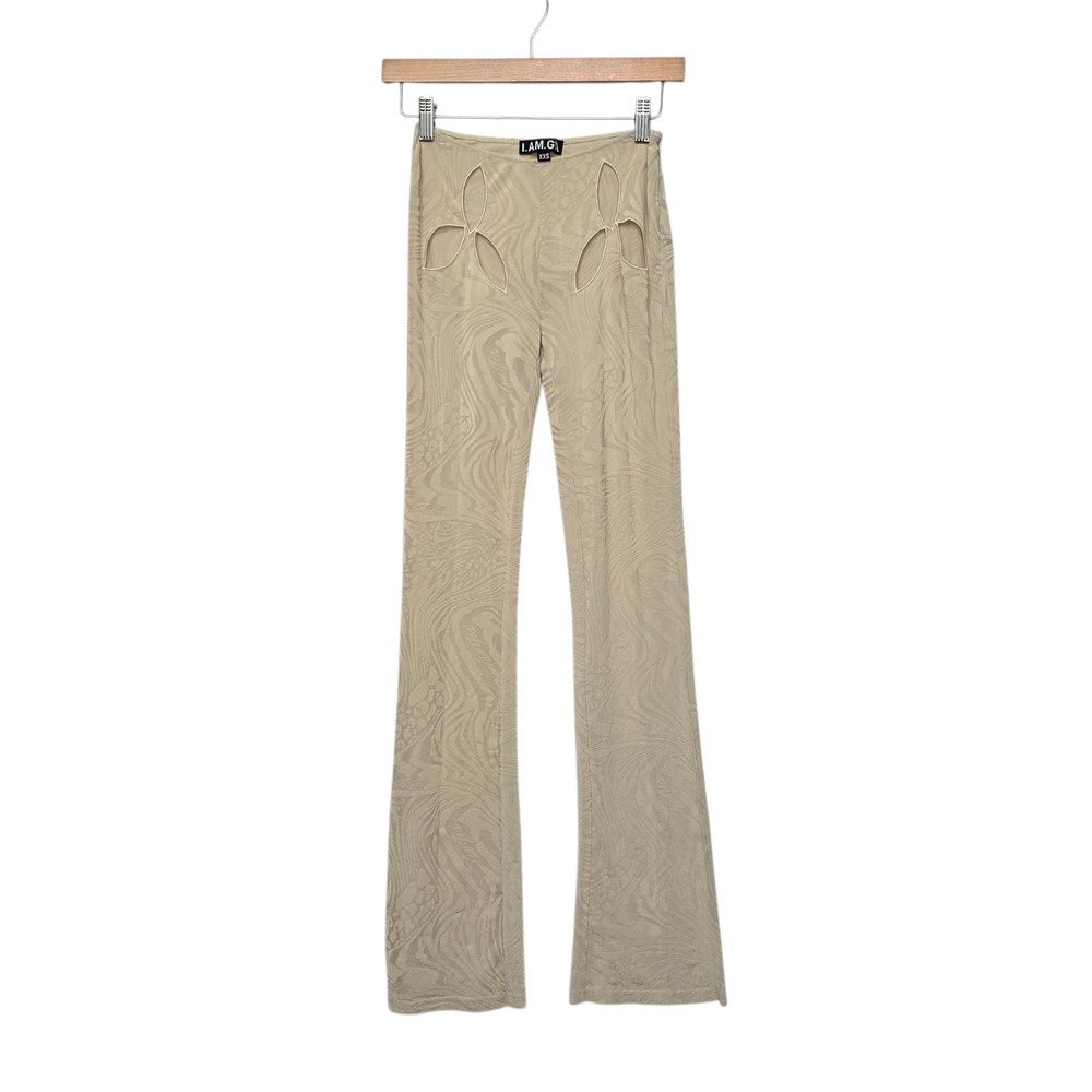 I.AM.GIA Beige Swirl Mesh Flare Pants Hip Cutout Y2K Size XXS Sheer Festival
